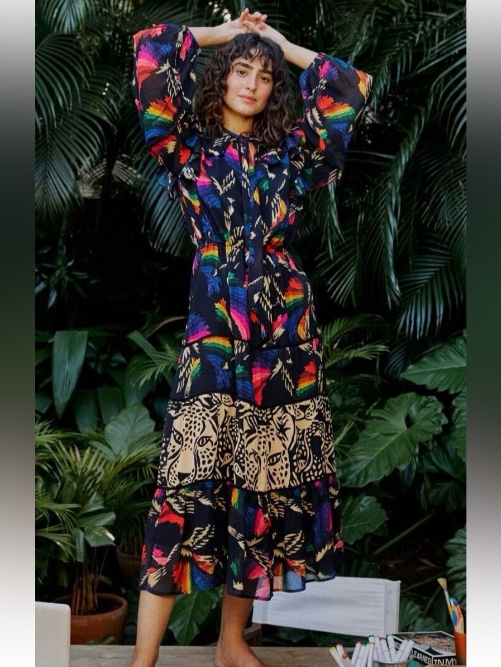 Farm Rio Black Macaw Maxi Dress Women’s Size L NWT